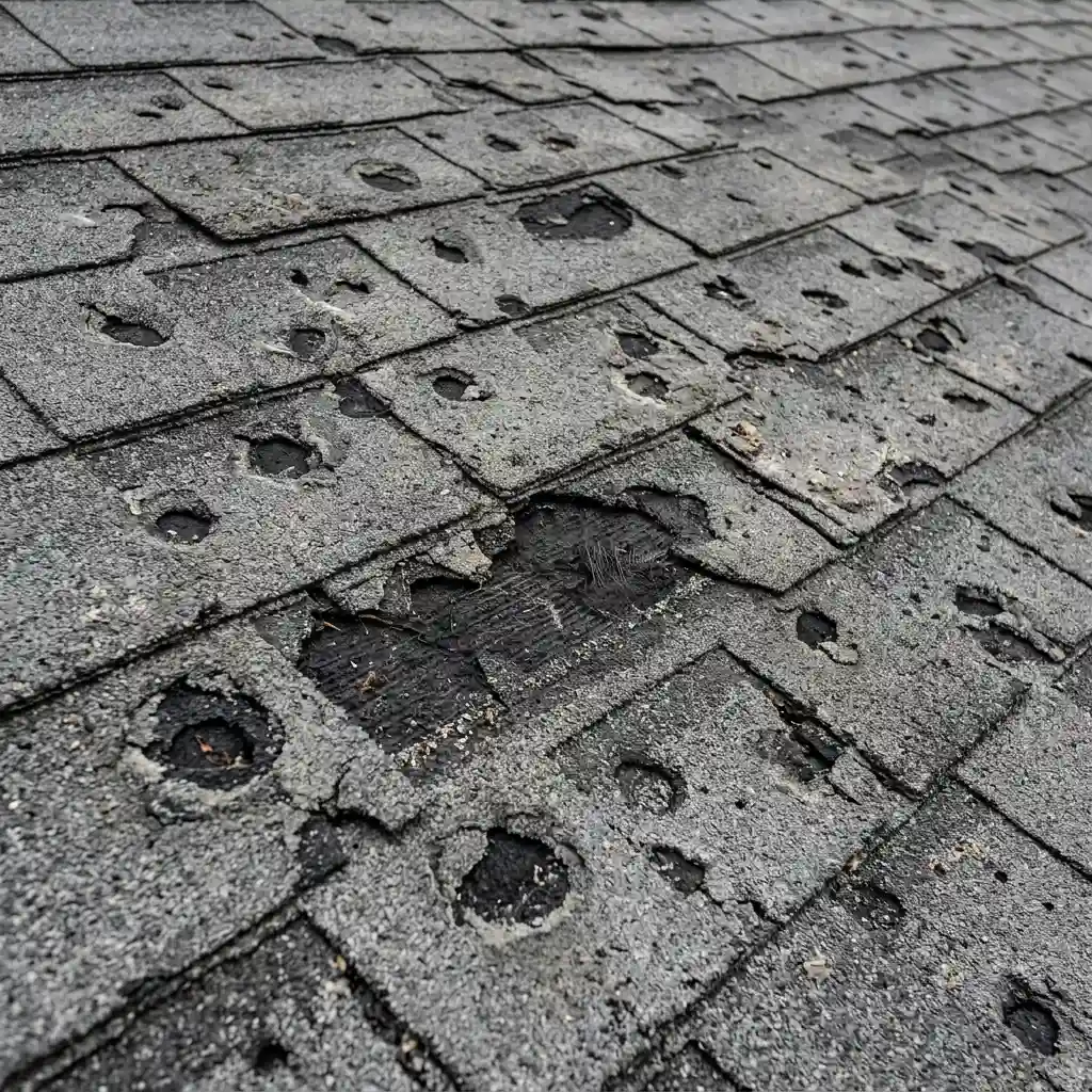 Close-up photo of an asphalt shingle showing circular areas of missing granules, revealing the dark asphalt beneath, indicative of hail damage.