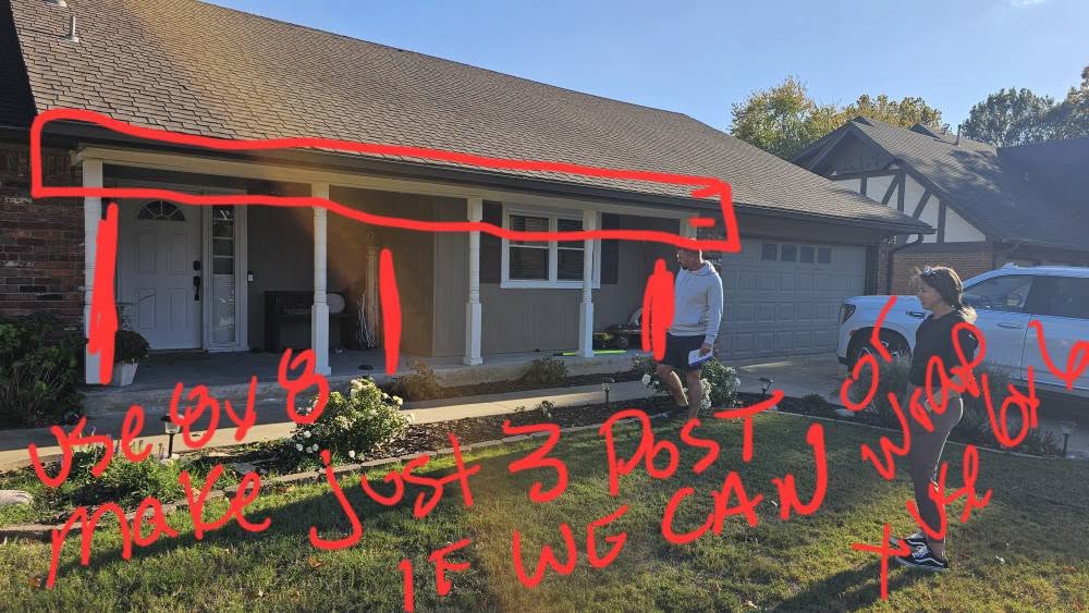 A house with a porch, two people, and a car are shown in this image.