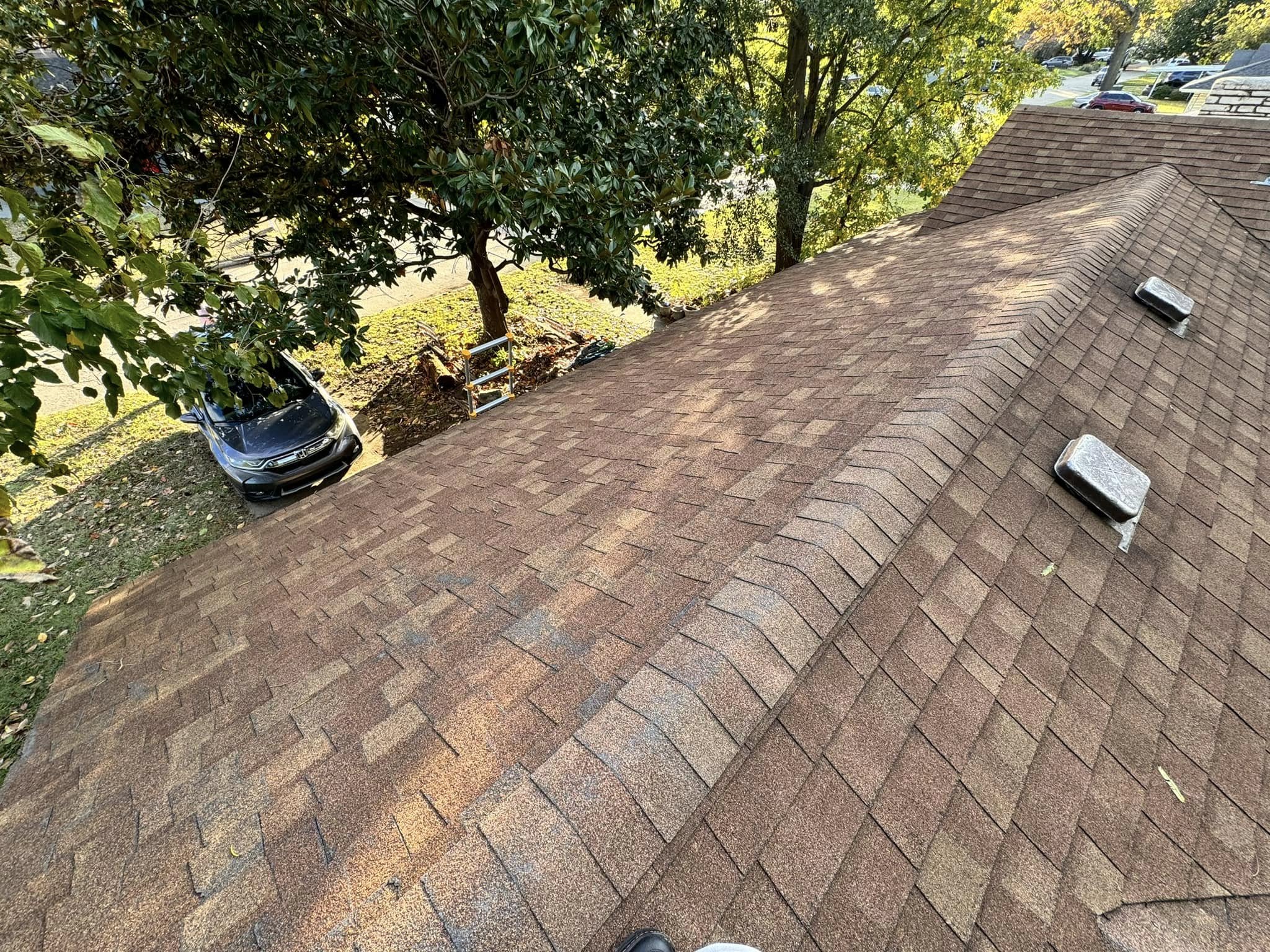 A rooftop view shows a brown shingled roof with trees, a car, and a ladder below.