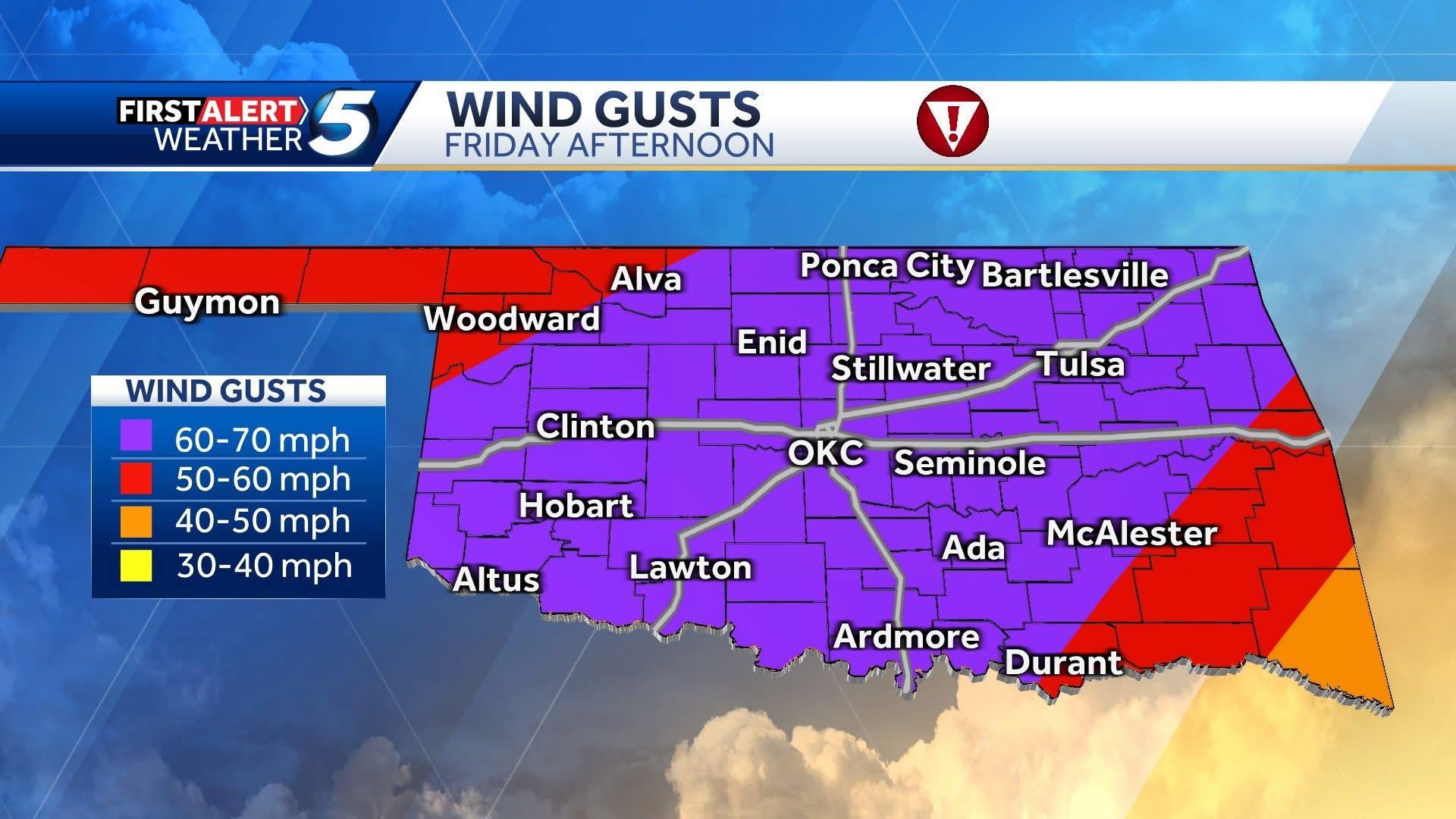 A weather map shows wind gust predictions for Oklahoma on Friday afternoon.