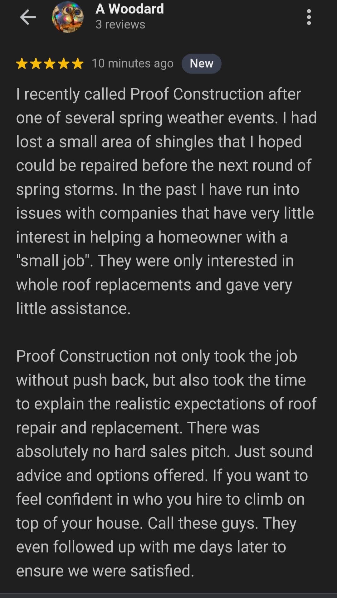 A customer review for Proof Construction highlights their excellent service and no-pressure sales approach.