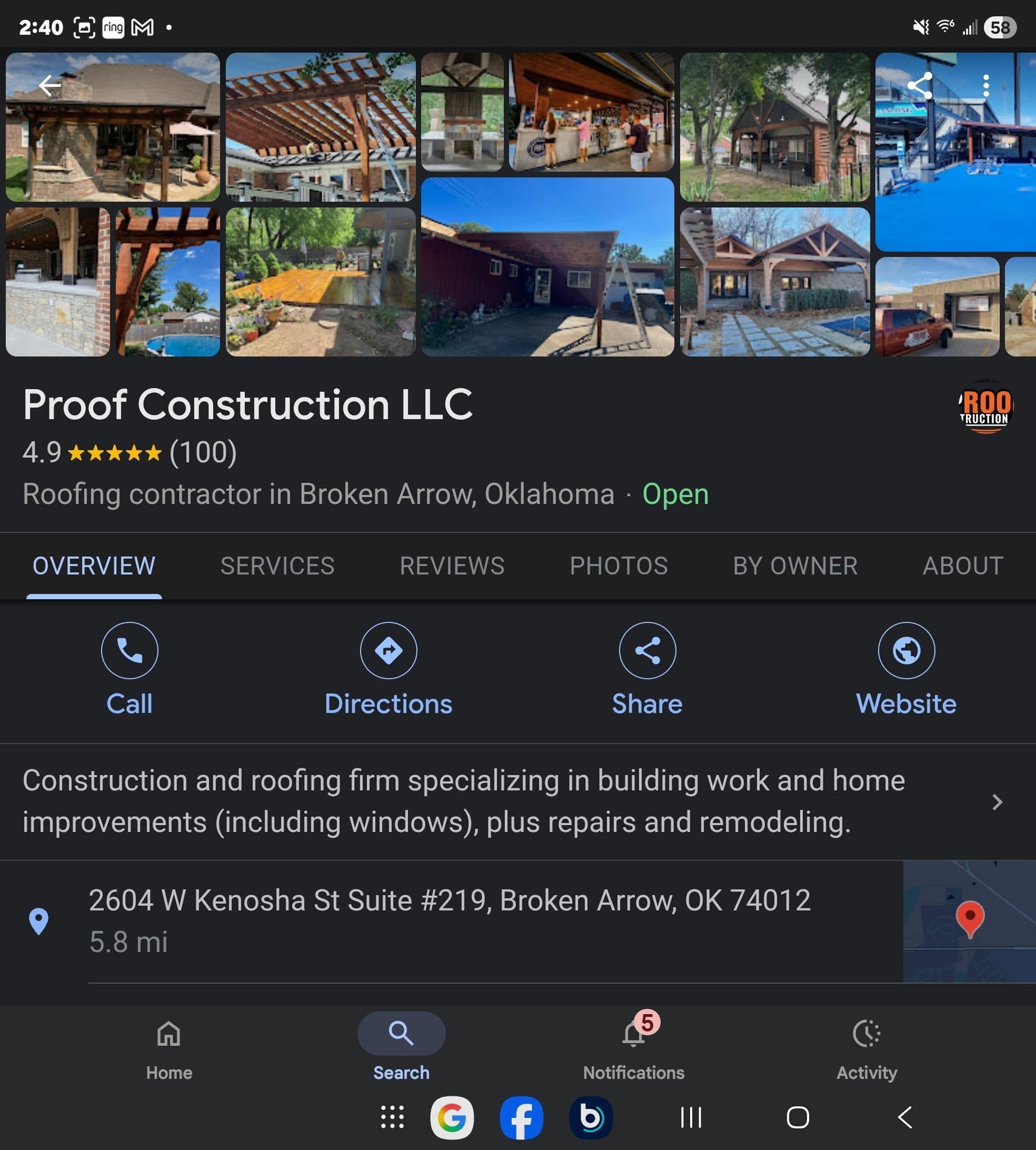 Proof Construction LLC, a roofing contractor in Broken Arrow, Oklahoma, is shown with images of their work.