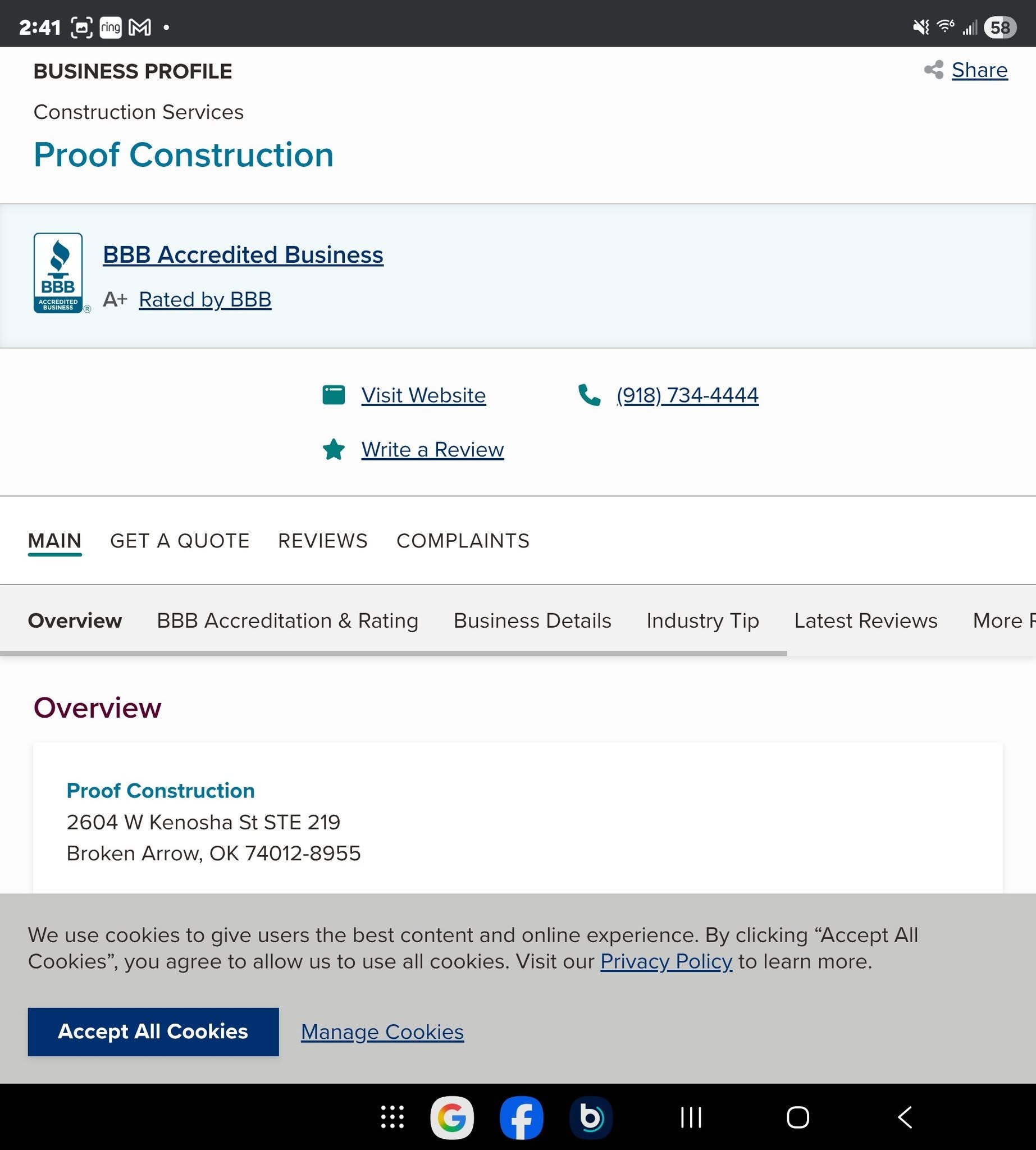 Proof Construction, a BBB accredited business, is shown on a webpage with its address and contact information.