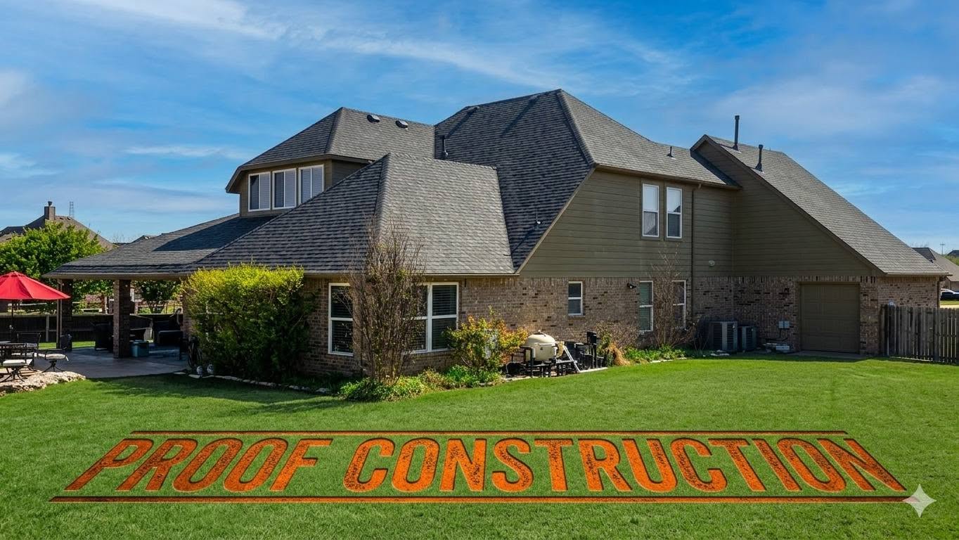 A large house with a backyard and a logo that says "PROOF CONSTRUCTION".