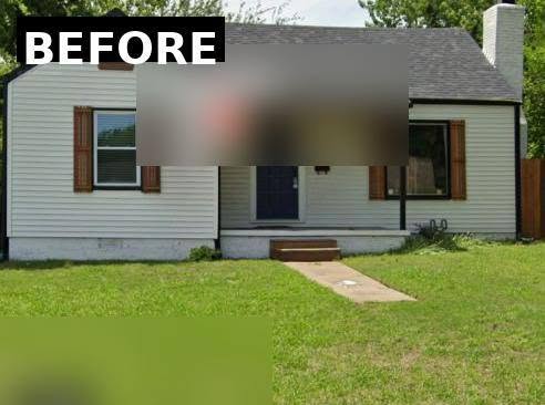 A "BEFORE" image shows a small, white house with a porch and lawn.