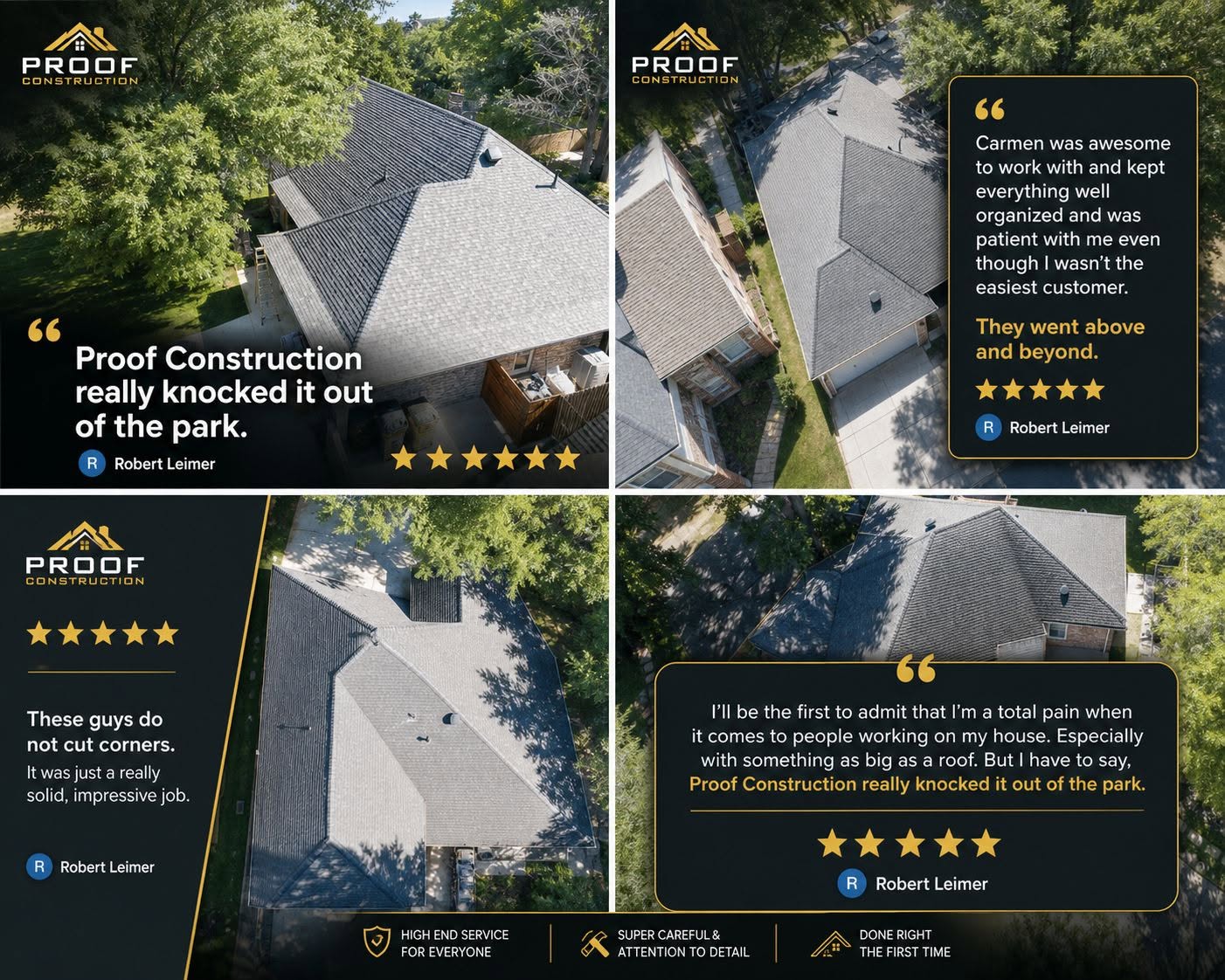 This image shows four aerial views of houses with new roofs, featuring customer testimonials for Proof Construction.