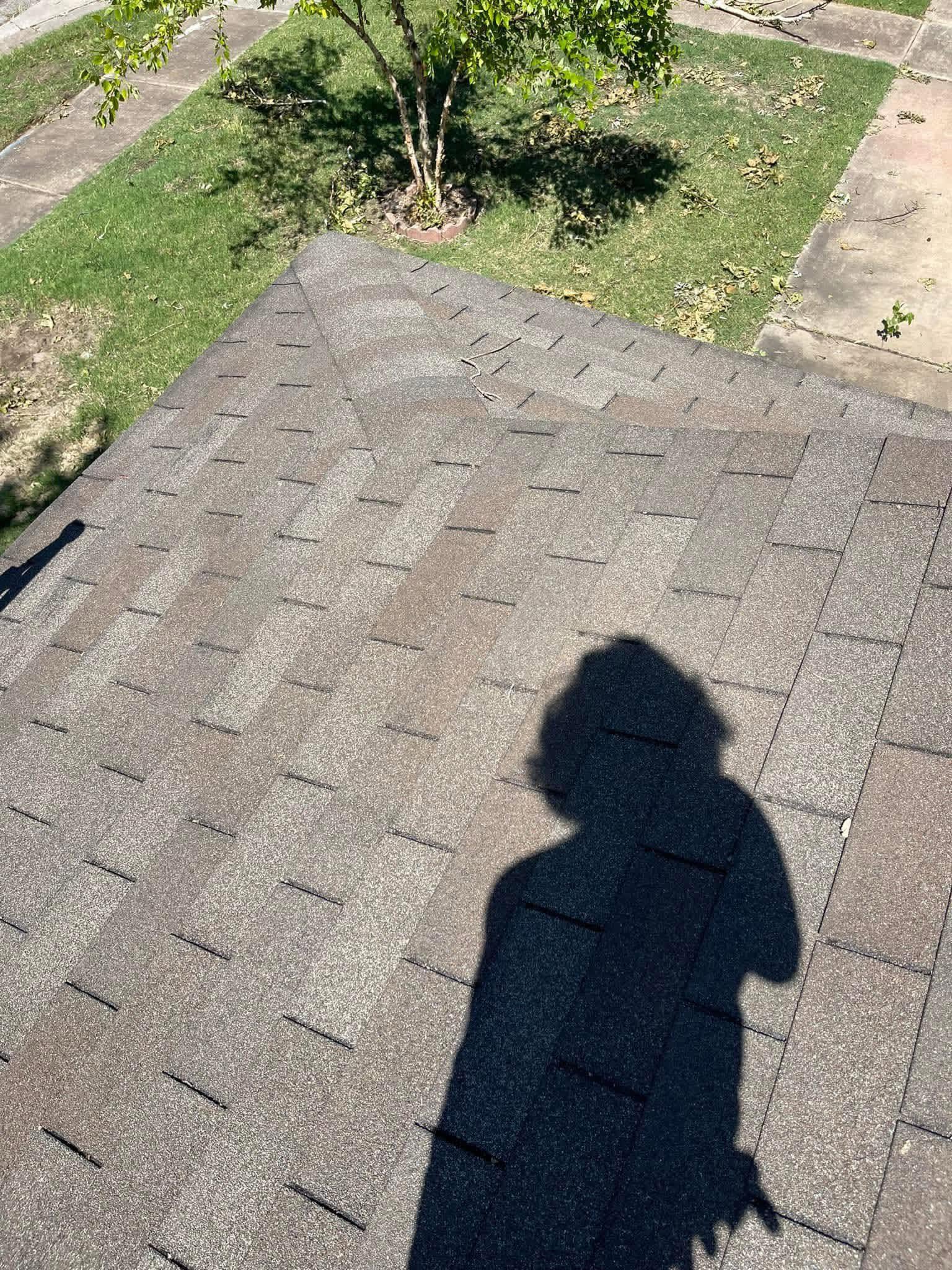A shadow of a person is cast on a shingled roof, with grass and a sidewalk visible in the background.