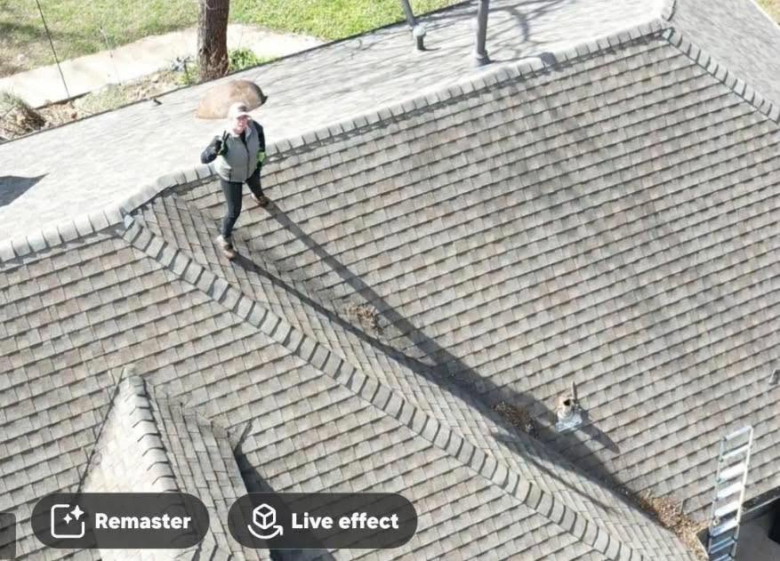 A person stands on a shingled roof near a chimney and a ladder.