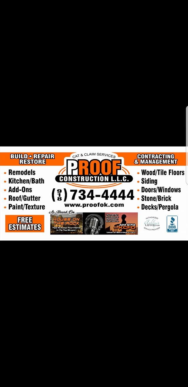This is an advertisement for Proof Construction LLC, a contracting and management company.