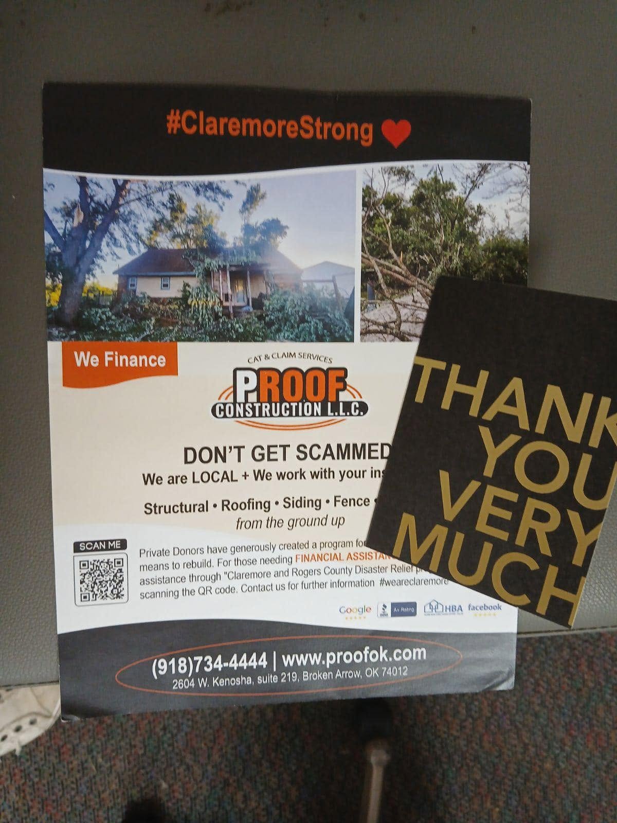 A flyer for Proof Construction LLC in Oklahoma, offering services and financial assistance.
